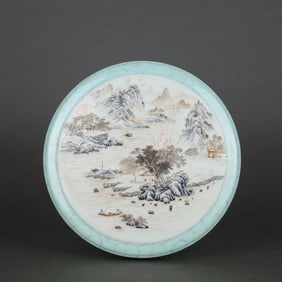 QING QIANLONG AZURE GLAZE OPEN LIGHT FAMILLE ROSE LANDSCAPE PATTERN COVER BOX