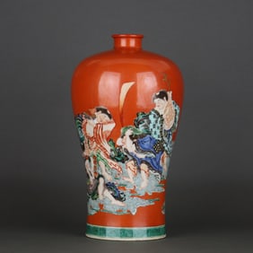 QING KANGXI CORAL RED GROUND FIVE-COLOR LIU HAI PLAYING WITH GOLDEN TOAD FOUR FAIRY FIGURE VASE