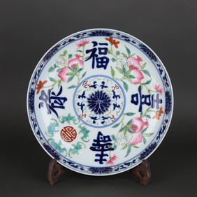 QING GUANGXU BLUE AND WHITE WITH COLOR PLATE OF HAPPINESS, RANK AND LONGEVITY