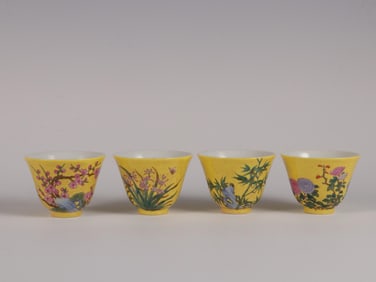A SET OF YELLOW GROUND FAMILLE ROSE FOUR SEASONS FLOWER BELL CUPS OF YONGZHENG QING DYNASTY