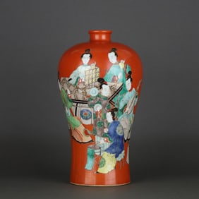 QING KANGXI CORAL RED GROUND FIVE-COLOR LADIES PLAYING MUSIC VASE
