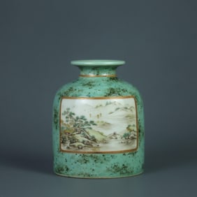 QING YONGZHENG GREEN GLAZE OPEN WINDOW AND PINK LANDSCAPE PATTERN WATER JAR