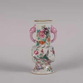 QING YONGZHENG, PINK AND COLORED FLOWER AND BIRD PATTERN BOTTLE
