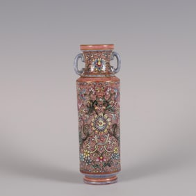 QING QIANLONG PINK ENAMEL DOUBLE EAR BOTTLE WITH LUCKY LUCK