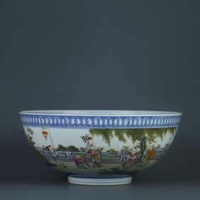 QING GUANGXU BLUE AND WHITE FAMILLE ROSE FIVE BLESSINGS HOLD THE LONGEVITY BABY PLAY PICTURE BOWL