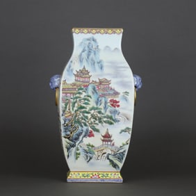 QING QIANLONG PINK LANDSCAPE PAVILION PATTERN ANIMAL EAR SQUARE BOTTLE