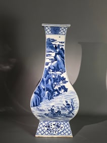 QING KANGXI BLUE AND WHITE FIGURE STORY SQUARE BOTTLE
