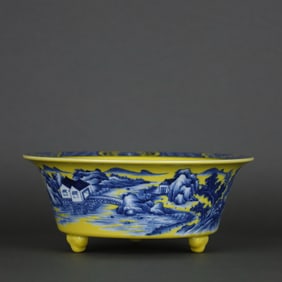 QING YONGZHENG, YELLOW GLAZE, BLUE AND WHITE LANDSCAPE FIGURES, THREE-LEGGED BRUSHSTROKES