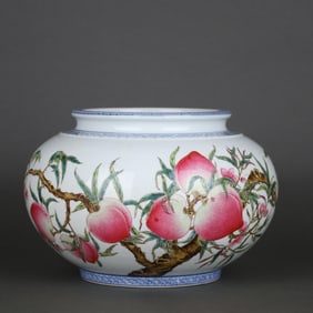 SCENT HALL TYPE BLUE AND WHITE BORDER WITH NINE PEACH PATTERN POMEGRANATE JAR