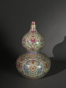 QING QIANLONG DOUQING GLAZE AND PASTEL FLOWER GOURD VASE