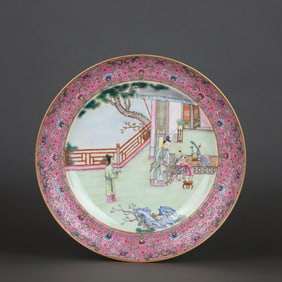 QING YONGZHENG ROUGE RED GROUND FAMILLE ROSE KAIGUANG LADY GUIDING SON PLATE