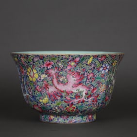 QING DAOGUANG BLUE GROUND FAMILLE ROSE KUI FENG WEARS A FLORAL PATTERN BAFANG BOWL