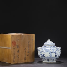 YUAN DYNASTY BLUE-AND-WHITE PINE-BAMBOO-PLUM PATTERN BEAST?EAR LIDDED JAR
