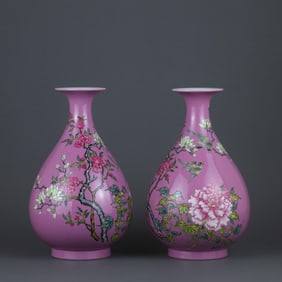 QING QIANLONG ROUGE RED GROUND WITH POLYCHROME FLOWER AND BIRD PATTERN IN THE SHAPE OF A SPRING VASE