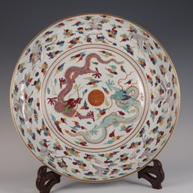 QING YONGZHENG YEAR FAMILLE ROSE DOUBLE DRAGON HOLDING LONGEVITY WORD CLOUD CRANE PATTERN PLATE