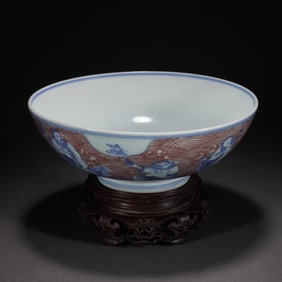 QING DYNASTY BLUE AND WHITE GLAZE WITH RED EIGHT IMMORTALS BOWL