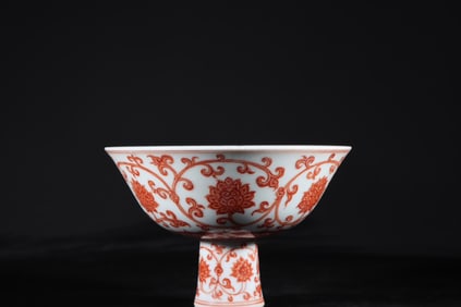 MING XUANDE RED LACQUER LOTUS PATTERN HIGH FOOT BOWL