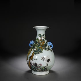 QING DYNASTY FAMILLE ROSE PINE AND CRANE LONGEVITY DOUBLE-HANDLED VASE