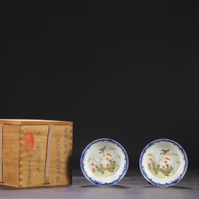 QING DYNASTY XUANTONG FAMILLE ROSE REED?AND?GOOSE PLATTER SET OF ONE PAIR