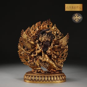 EXQUISITELY CAST GILT-BRONZE STATUE OF HAYAGRIVA MING DYNASTY?