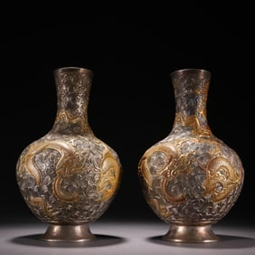 TANG DYNASTY GILDED BRONZE SILVER DRAGON PATTERN PRESENTATION VASE PAIR