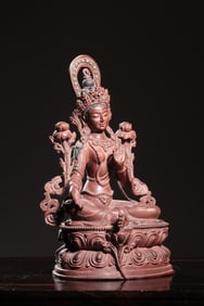 QING BRONZE POLYCHROME INSET GEM TARA SEATED STATUE