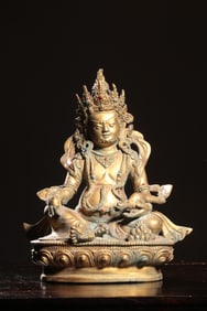 BRONZE GILT-INLAID GEM YELLOW?JADE BUDDHA SEATED STATUE
