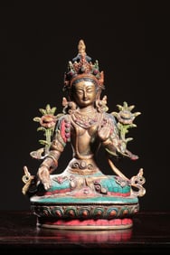BRONZE GILT-INLAID GEM TARA SEATED STATUE