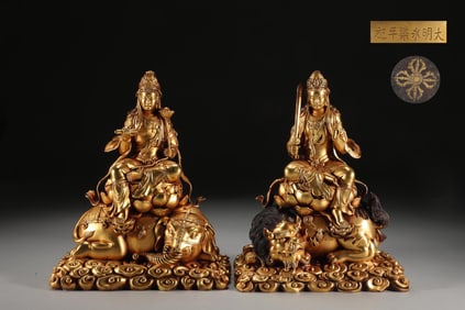 A PAIR OF EXQUISITELY CAST GILT-BRONZE SEATED BODHISATTVAS MANJUSHRI AND SAMANTABHADRA MING DYNASTY?