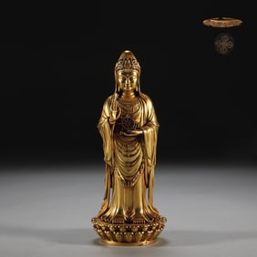 CAST BRONZE GILT GUANYIN HOLDING FALUN GUANYIN STATUE