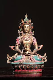 BRONZE GILT-INLAID GEM LONGEVITY?BUDDHA SEATED STATUE
