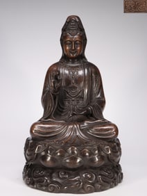 QING "SHISOU" MARK COPPER MIXED-SILVER FILIGREE LOTUS GUANYIN SEATED STATUE