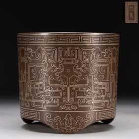 QING "SHISOU" MARK COPPER MIXED-SILVER FILIGREE BAT?KUI?DRAGON PATTERN STRAIGHT-CYLINDER CENSER