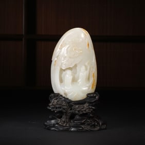 QING DYNASTY WHITE JADE SCHOLAR UNDER PINE MOUNTAIN FIGURE