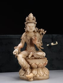 QING "RUFEN" CRAFTED SHOUSHAN HIBISCUS STONE GREEN TARA SEATED STATUE