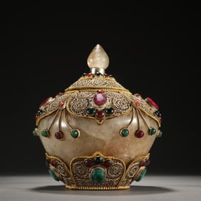 TIBETAN CRYSTAL WITH GILT-SILVER INLAID GEMSTONE RELIC CONTAINER