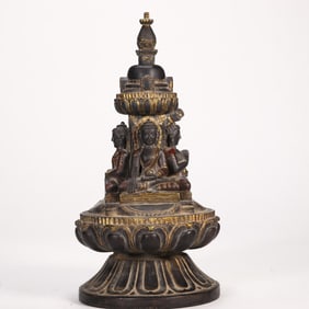 TIBETAN BLACK STONE GILT-PAINTED CARVED BUDDHIST STUPA