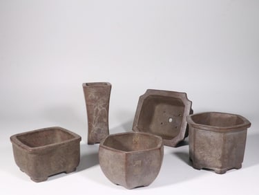 HAND?CARVED FLORAL-TEXT INSCRIPTION OLD PURPLE?CLAY SMALL FLOWER POT SET OF FIVE (WITH MARKS)