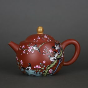 QING QIANLONG RED GROUND FAMILLE ROSE MAGPIE DENGMEI ZISHA TEAPOT
