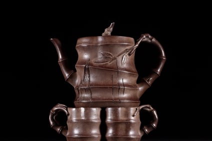BAMBOO STYLE ZISHA TEAPOT, MARK XIANG SHENGSI, QING DYNASTY