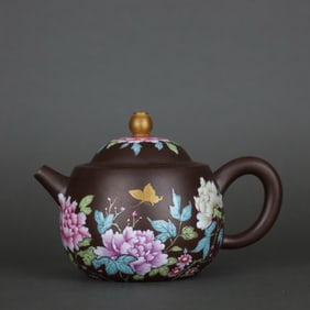 QING QIANLONG ENAMEL PEONY BUTTERFLY PATTERN ZISHA TEAPOT