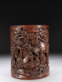XIAOSHAN CARVED MARK BAMBOO-CARVED ?FIVE ELDERS OF FRAGRANCE MOUNTAIN? BRUSH POT