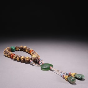 QING DYNASTY AGARWOOD INLAID SILVER-GILT SWASTIKA ?18 BEADS? HANDHELD ROSARY