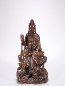 QING DYNASTY SANDALWOOD CARVED CLEAN BOTTLE GUANYIN SEATED STATUE