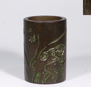 AGARWOOD HAND-CARVED ORCHID POEM BRUSH POT