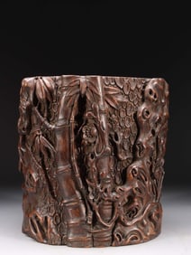 BAMBOO-CARVED BRUSH POT WITH PINE-BAMBOO?PLUM MOTIF ("THREE FRIENDS")