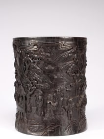 QING SMALL-LEAF RED SANDALWOOD CARVED NARRATIVE SCENE BRUSH POT