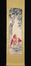 XU BEIHONG, TWO JUMPS UNDER THE BANYAN TREE, HANGING SCROLL, FINE MOUNTING, GOOD CONDITION