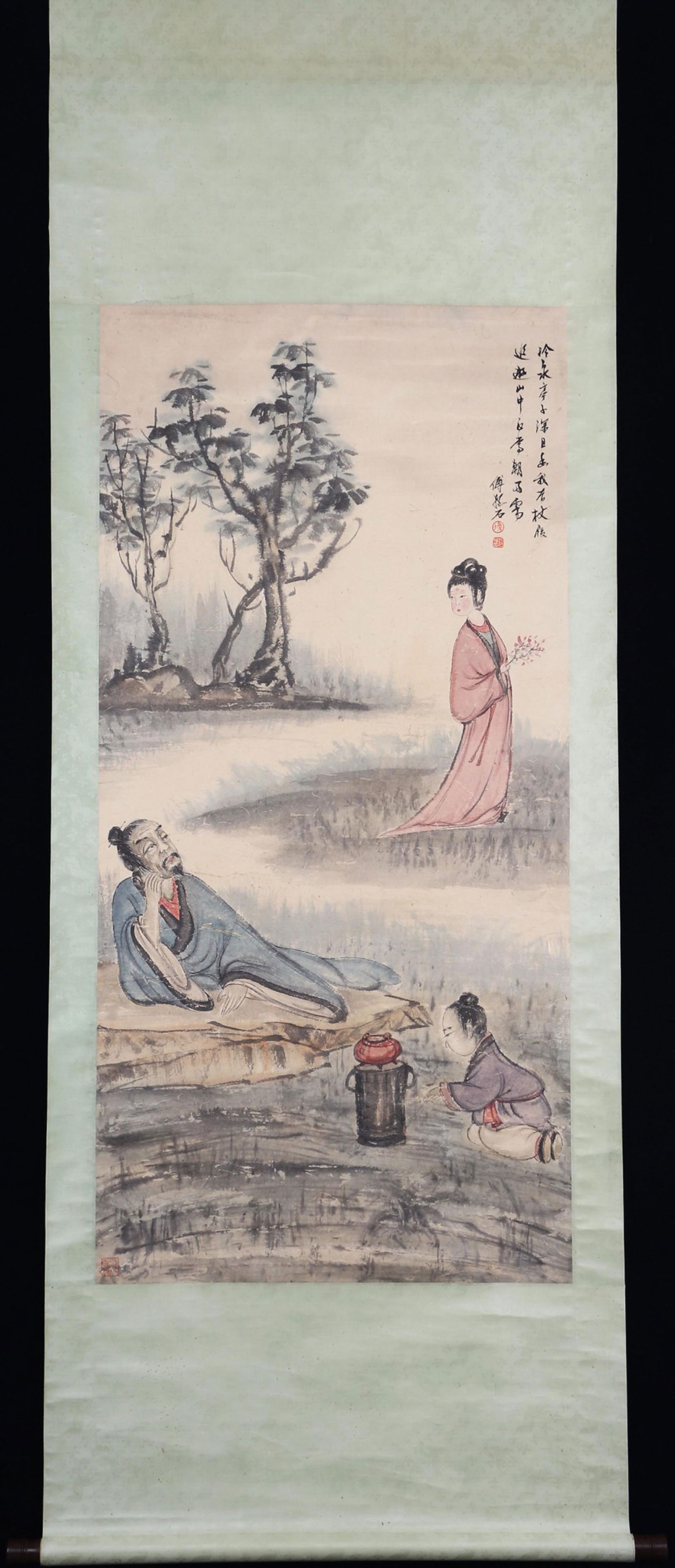 FU BAOSHI TEA BREWING FIGURE PAINTING, HANGING SCROLL, FINE MOUNTING: 傅抱石 烹茶人物图 立轴 精装裱 Fu Baoshi Tea Brewing Figure Painting, hanging scroll, fine mounting Painting core size 136x
