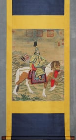 ANCIENT LANG SHINING QIANLONG HUNTING PICTURE, HANGING SCROLL, FINE MOUNTING